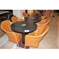 3 houten ronde/ovalen tafels, afm plm 70x80cm met 6 kuipzetels DURLET, bruine skai bekleed, beschadigd